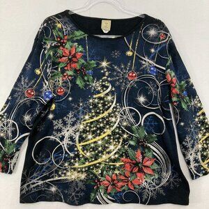 Vintage Jess & Jane Top size XL Multi Color Christmas Festive Artsy Stretch Knit